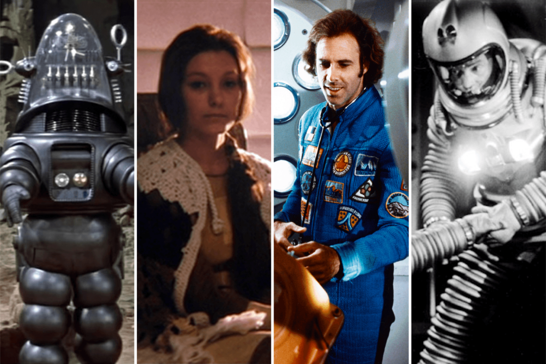 Images from four science fiction films: Forbidden Planet; Solaris; Silent Running; Ikarie XB-1