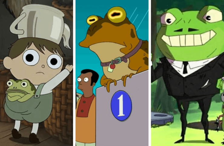 Images of frogs from three animated series: Over the Garden Wall, Futurama, and Kipo and the Age of Wonderbeasts
