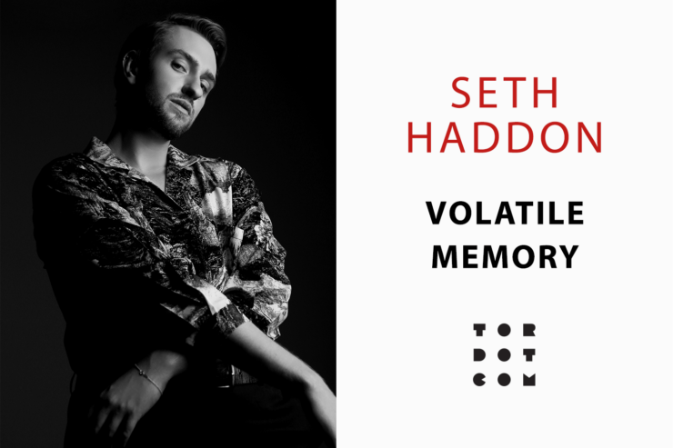 Black and white photo of author Seth Haddon beside the text: Seth Haddon, Volatile Memory, Tordotcom