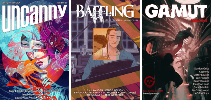 Covers of three recent short fiction magazines: Uncanny, Baffling, and Gamut