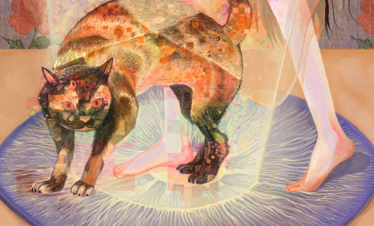 An abstract illustration of a cat at a woman's bare feet.