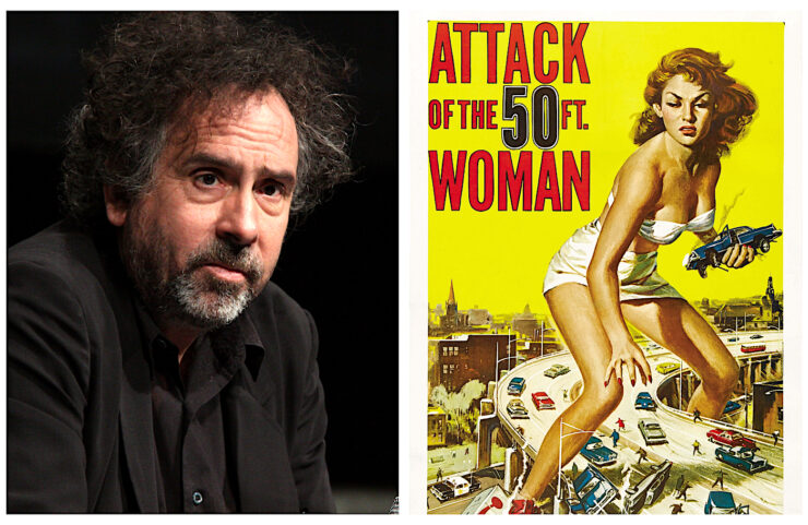 A picture of Tim Burton speaking at the 2012 San Diego Comic-Con International in San Diego, California beside a poster for Attack of the 50 Ft Woman