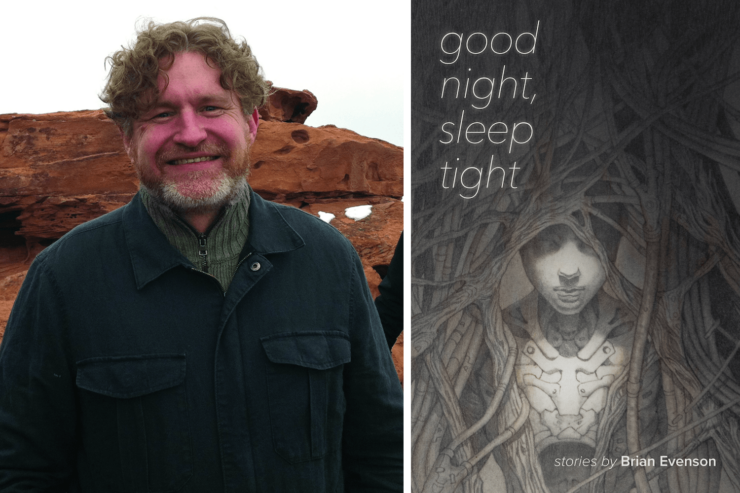 Photograph of author Brian Evenson beside the cover of his upcoming book, Good Night, Sleep Tight