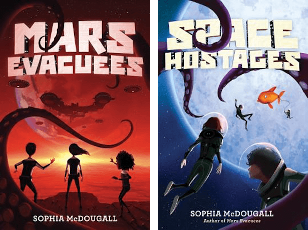 Book covers of Mars Evacuees and Space Hostages by Sophia McDougall