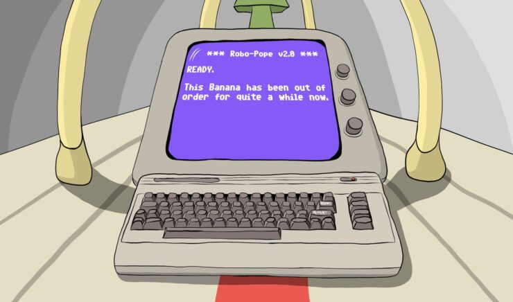 image from the Mars Machines trailer featuring a purple computer screen that reads, "Ready. This Banana has been out of order for quite a while now."