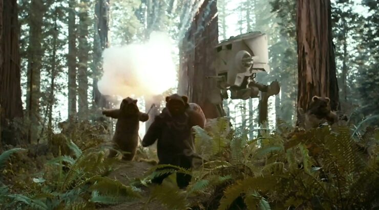 Ewoks running from an attacking AT-ST in Return of the Jedi