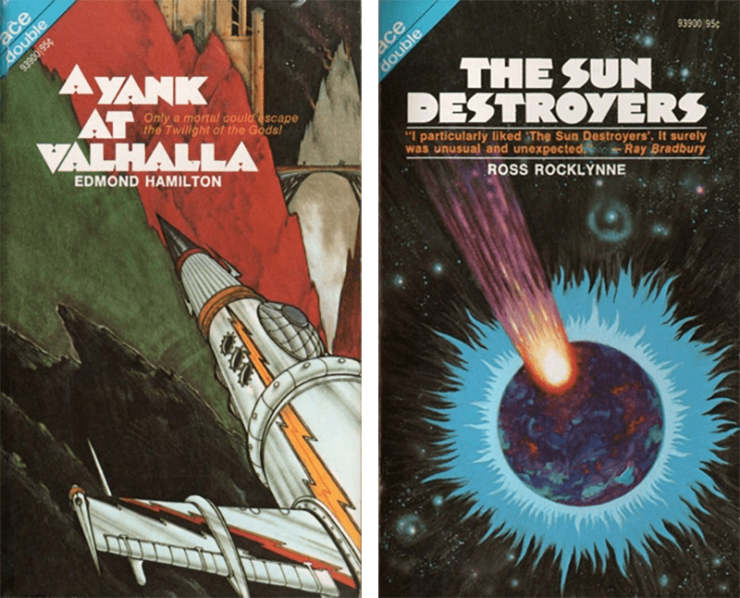 Book covers for the Ace Doubles edition of A Yank at Valhalla and The Sun Destroyers