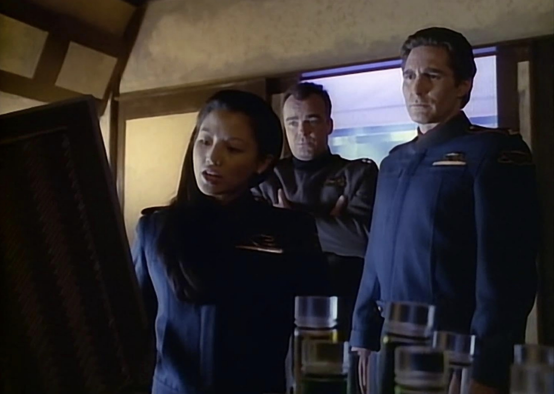 Tamlyn Tomita, Jerry Doyle, and Michael O'Hare in Babylon 5: The Gathering (1993)