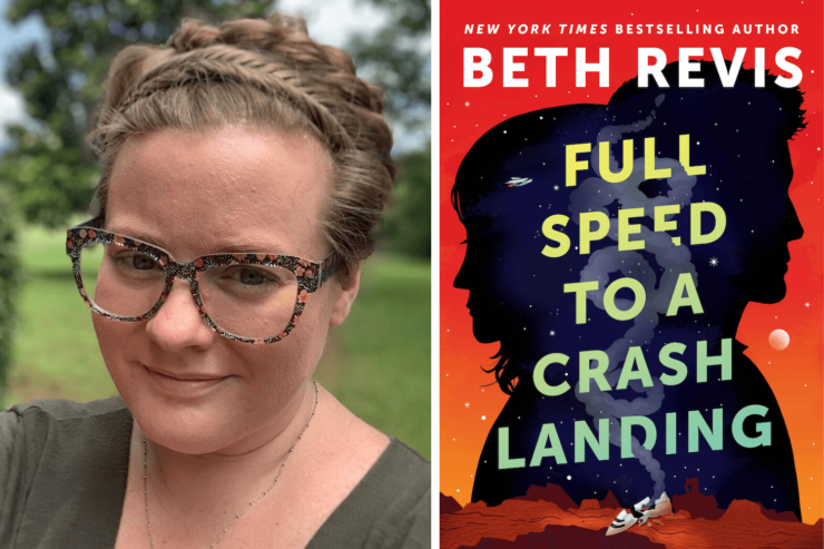 Photograph of author Beth Revis beside the cover of their upcoming book, Full Speed to a Crash Landing