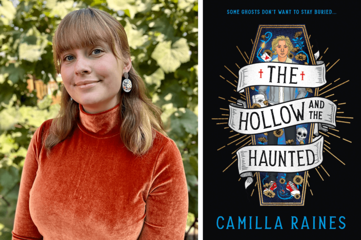 author Camilla Raines and the cover of their upcoming book, The Hollow and the Haunted