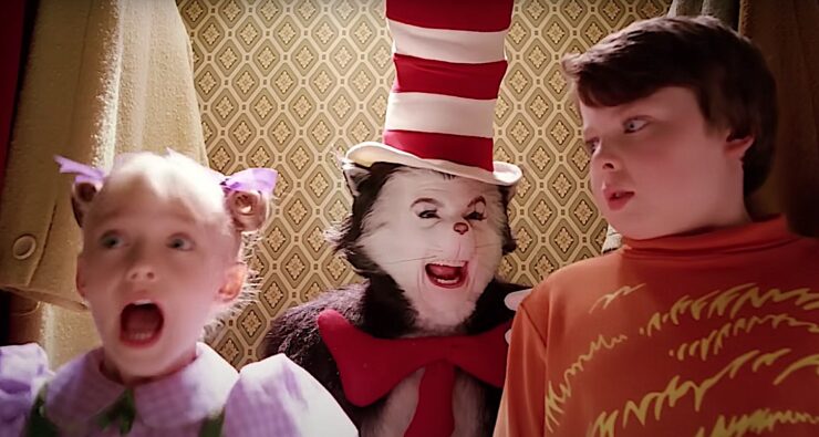Mike Myers as The Cat in the Hat, absolutely terrifying a pair of innocent children with his antics.