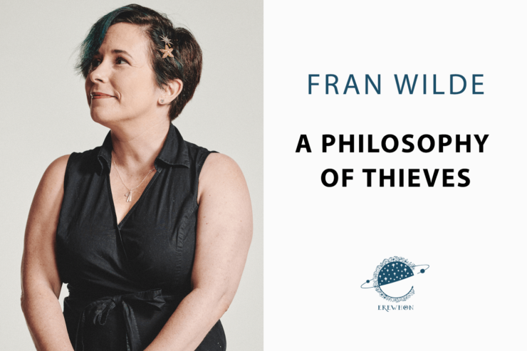 author Fran Wilde alongside text announcing her new book A Philosophy of Thieves with Erewhon Books