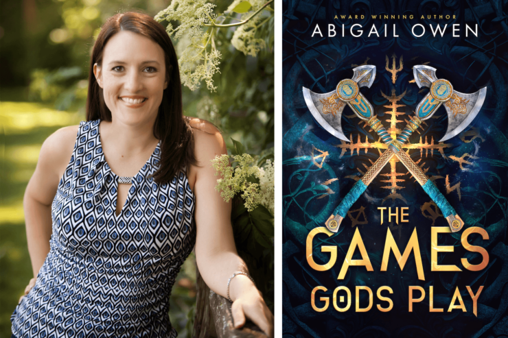 Photo of author Abigail Owen and the cover of her upcoming book The Games Gods Play