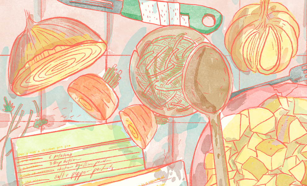 An illustration of recipe cards on a counter surrounded by scattered ingredients.