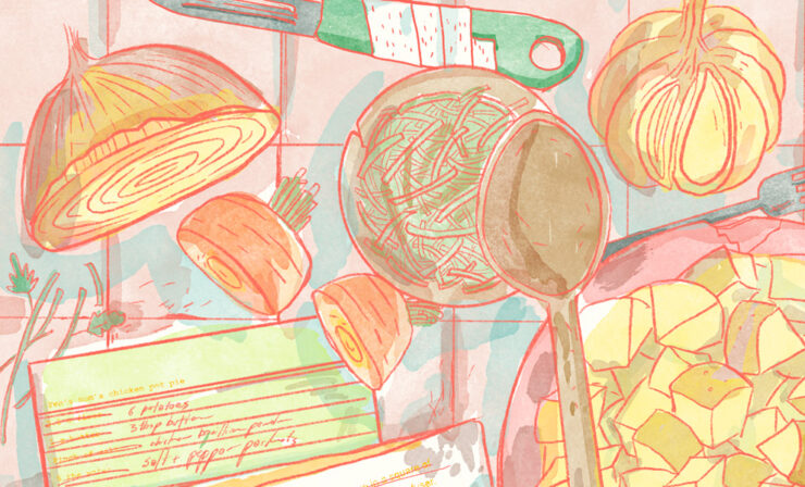An illustration of a recipe card on a counter surrounded by scattered ingredients.