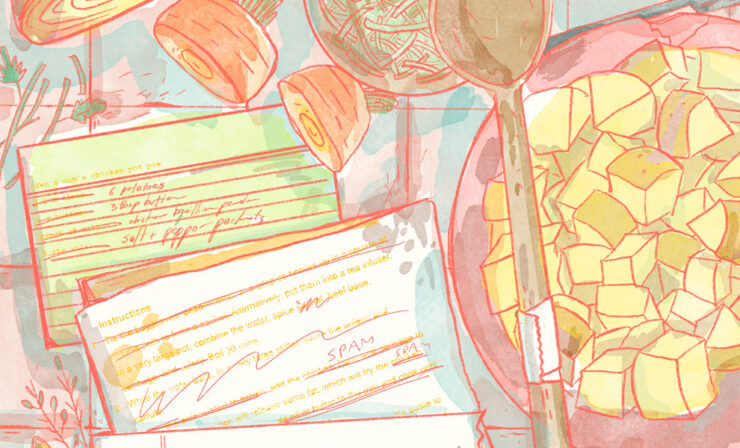 An illustration of recipe cards on a counter surrounded by scattered ingredients.
