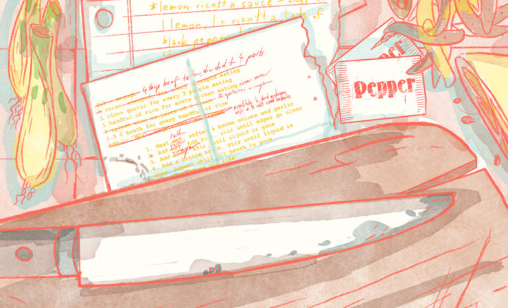An illustration of recipe cards on a counter surrounded by scattered ingredients.