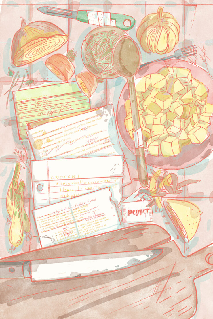 An illustration of recipe cards on a counter surrounded by scattered ingredients.