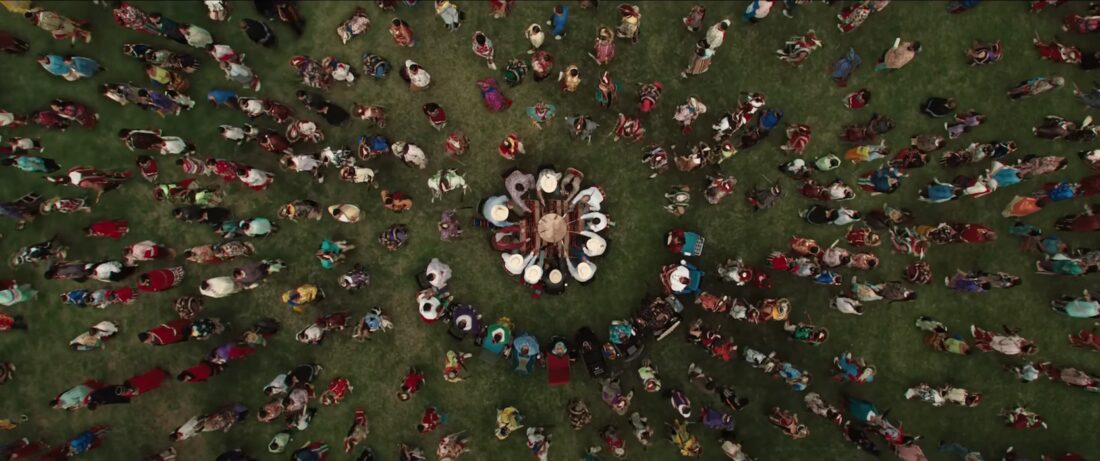 An Osage dance is viewed from above in Killers of the Flower Moon