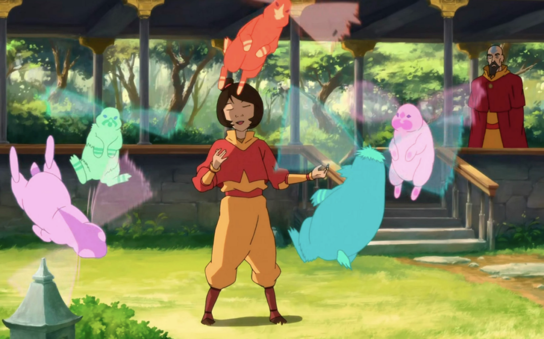 Scene from The Legend of Kora featuring Jinora and several dragonfly bunny spirits