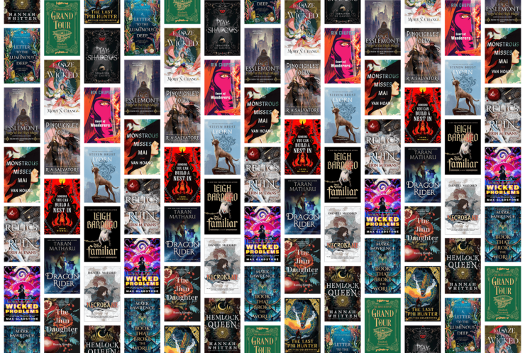 Collage of book covers for 19 new fantasy titles publishing in April 2024