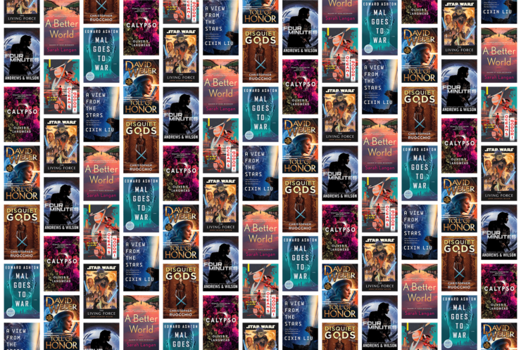 Collage of book covers for 9 new science fiction titles publishing in April 2024
