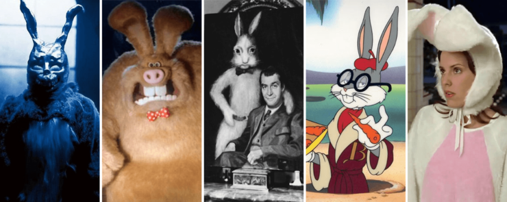 Images of 5 rabbit-like creatures from genre fiction: Frank from Donnie Darko; the were-rabbit from Wallace and Gromit: The Curse of the Were-Rabbit; Elwood P Dowd and Harvey from Harvey; Bugs Bunny; and Anya dressed as a rabbit in Buffy The Vampire Slayer