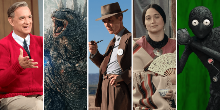 Selection of still images from 5 recent films: Tom Hanks as Mister Rogers in A Beautiful Day in the Neighborhood; Godzilla in Godzilla Minus One; Cillian Murphy as Robert J Oppenheimer in Oppenheimer; Lily Gladstone as Mollie Burkheart in Killers of the Flower Moon; and the alien in Asteroid City