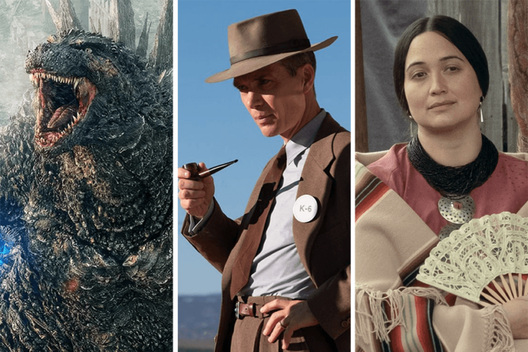 Selection of still images from 3 recent films: Godzilla in Godzilla Minus One; Cillian Murphy as Robert J Oppenheimer in Oppenheimer; Lily Gladstone as Mollie Burkheart in Killers of the Flower Moon