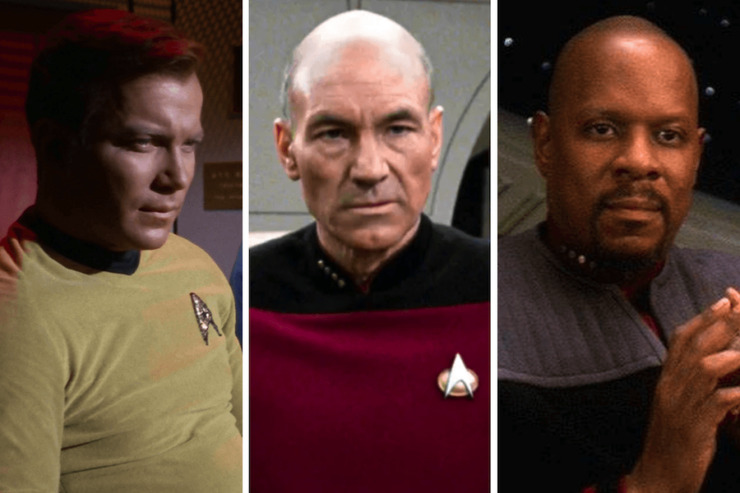 Composite image of three captains from various Star Trek series: Kirk, Picard, and Sisko