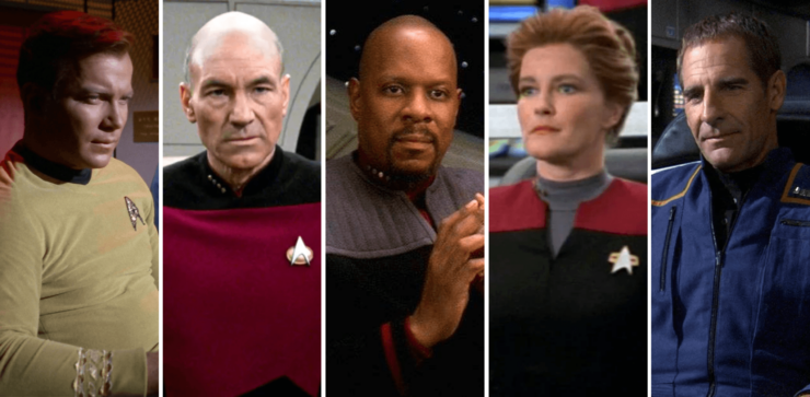 Composite image of five captains from various Star Trek series: Kirk, Picard, Sisko, Janeway, and Archer