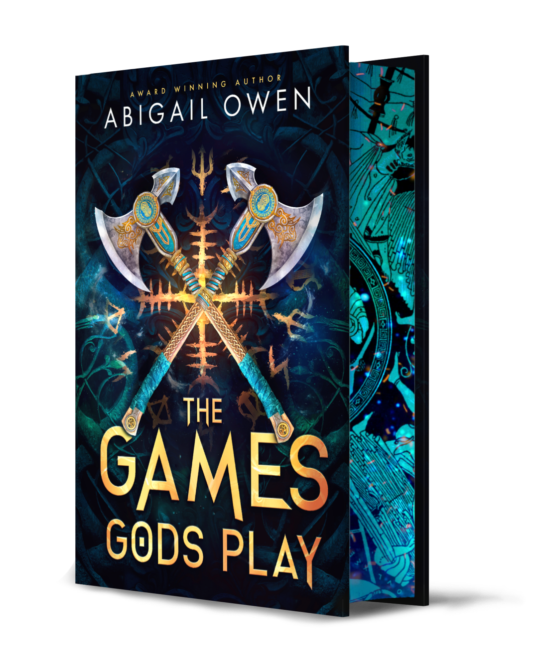 Three-quarter view of the book cover of The Games Gods Play by Abigail Owen, also showing the book's sprayed page edges.