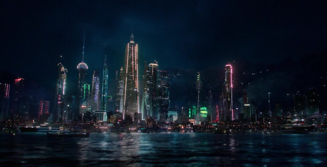 The city skyline of Madripoor at night, from The Falcon and the Winter Solider "Power Broker"