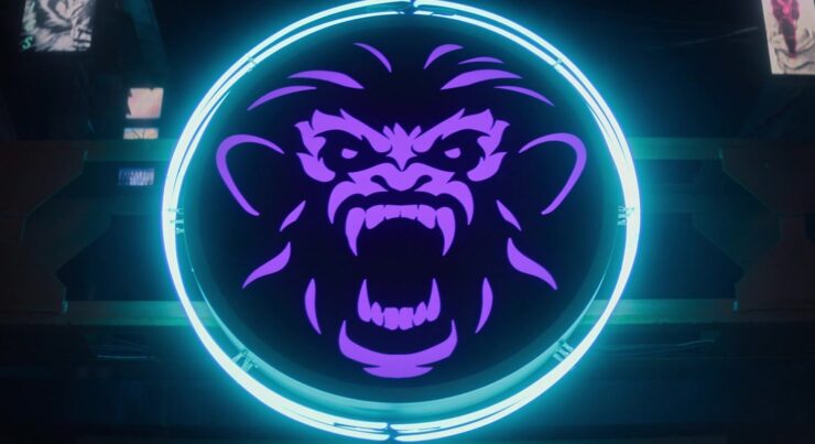 Neon sign of a snarling monkey, from The Falcon and the Winter Solider "Power Broker"