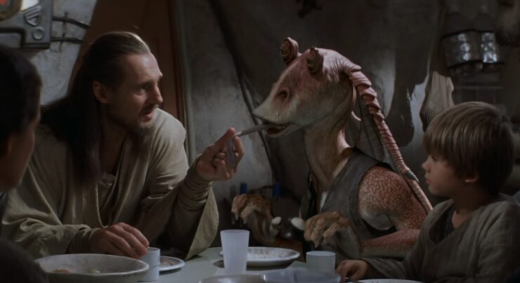 Star Wars Episode One: The Phantom Menace, Jar Jar gets his tongue aught by Qui-Gon