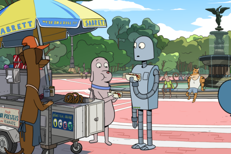 Dog and Robot eating a hot dog in NYC in movie Robot Dreams