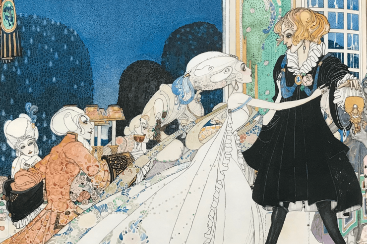 Illustration of a Princess rushing to a Prince, with partygoers in the background