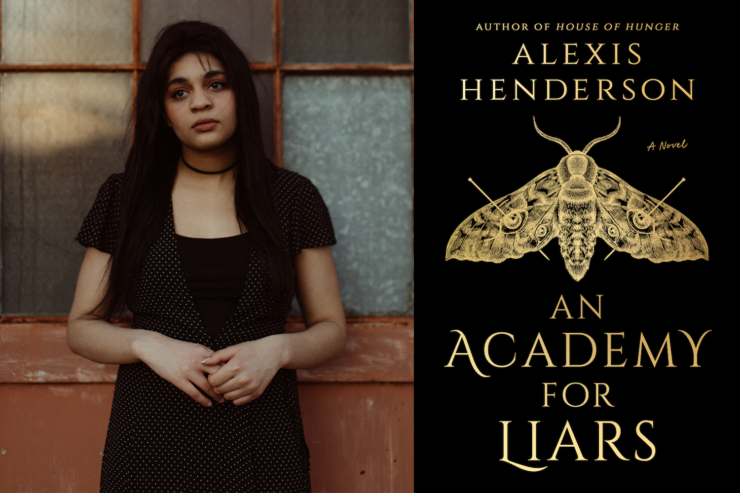 author Alexis Henderson and the cover of the upcoming novel An Academy for Liars