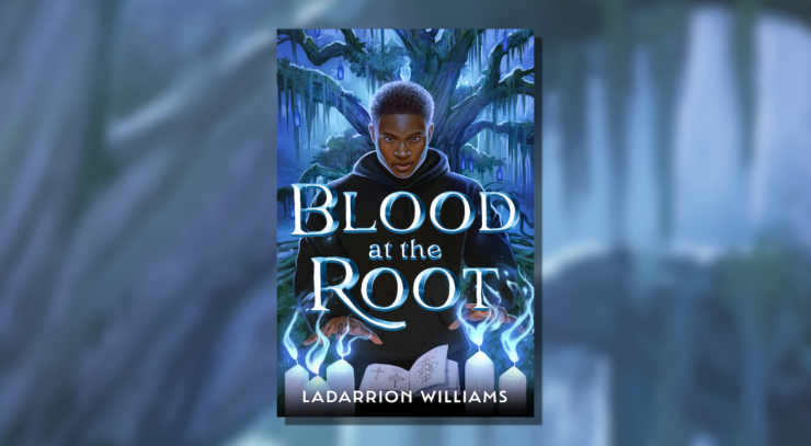 Cover of Blood at the Root, showing a robed man standing in front of a tree. In front of him are five lit white candles and a book open to pages that show mysterious diagrams.