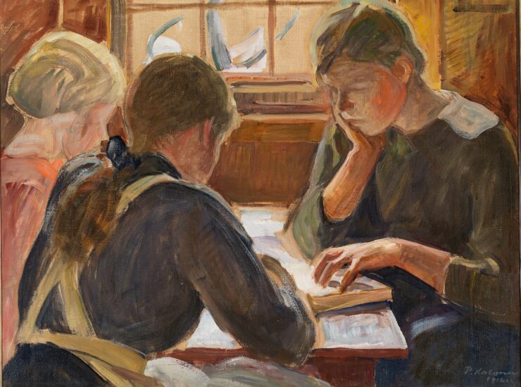 Painting of three children seated at a table, reading.