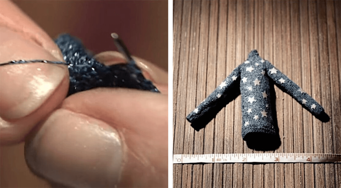Two images from a behind-the-scenes video of Coraline: a close-up of the knitting process for Coraline's sweater, and an image of the completed sweater compared to 4 inches of measuring tape