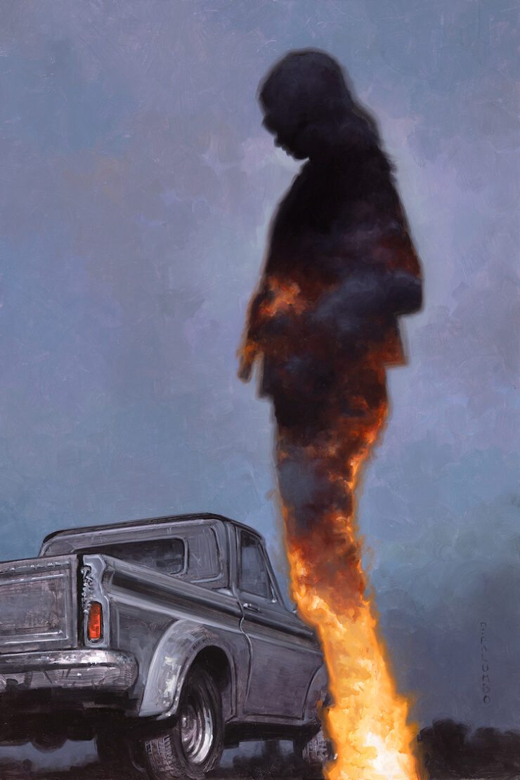 An illustration of a silhouetted person, filled with flame and smoke, facing an old pickup truck.