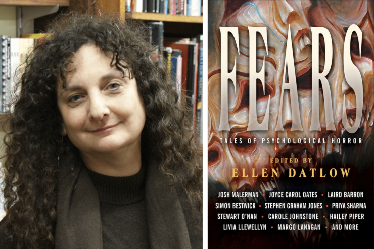 editor Ellen Datlow and the cover of the upcoming anthology Fears