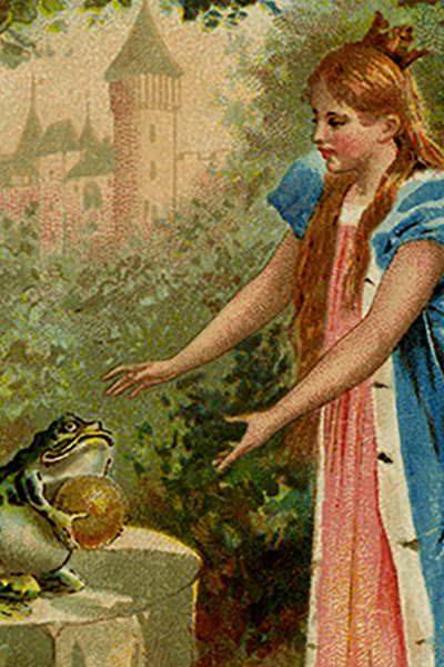 Illustration from The Frog Prince, artist unknown. The Frog hands the Princess her golden ball which he has retrieved from the well.