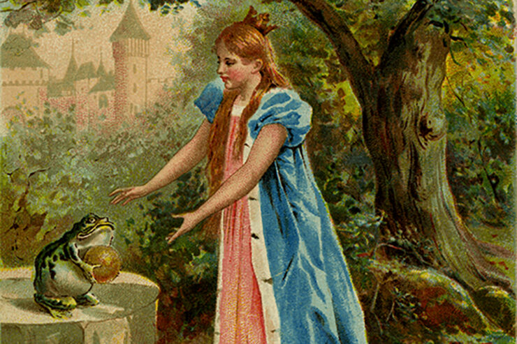 Illustration from The Frog Prince, artist unknown. The Frog hands the Princess her golden ball which he has retrieved from the well.