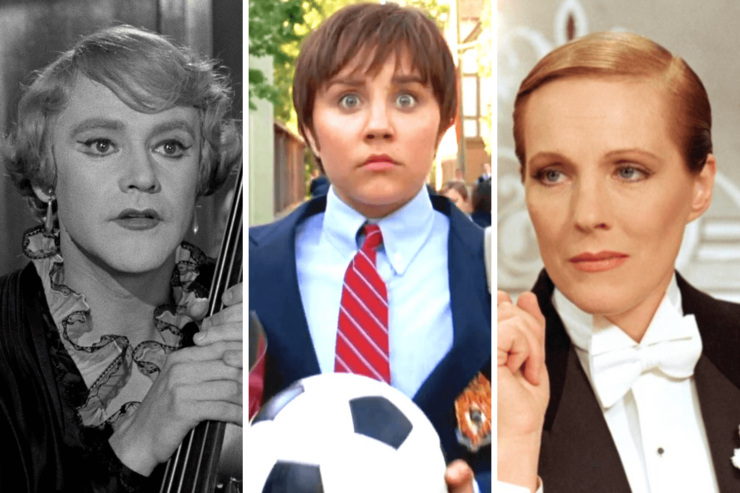Images from three gender-swapping comedies: Jack Lemmon in Some Like It Hot; Amanda Bynes in She's the Man, and Julie Andrews in Victor/Victoria
