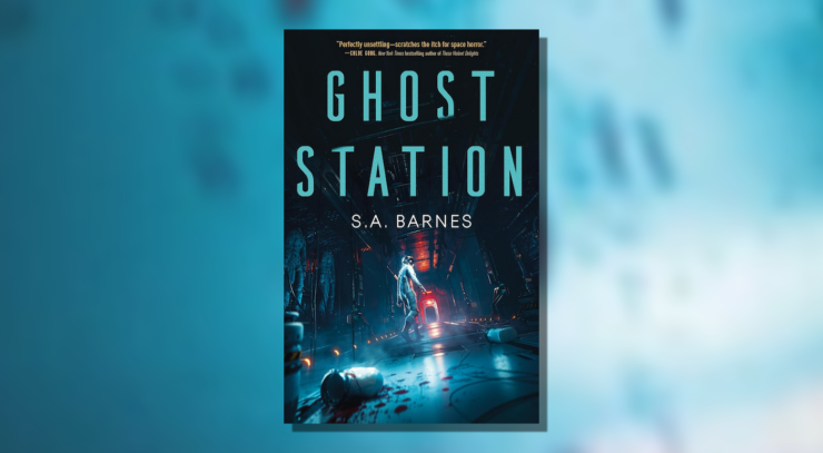 Cover of Ghost Station, showing a person wearing a space suit in a dimly lit corridor, with more space suits hanging on the wall and spattered dark liquid on the floor, walking towards a dark door outlined in red light.