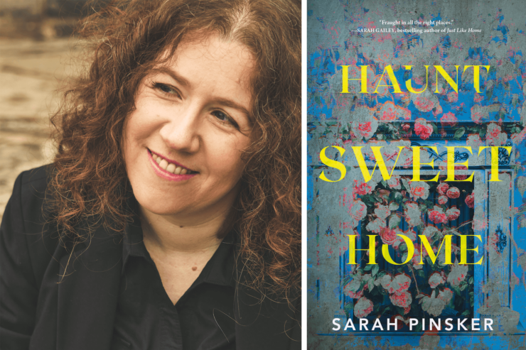Photo of author Sarah Pinsker and the cover of her upcoming book, Haunt Sweet Home