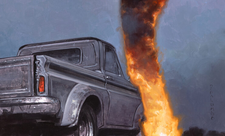 An illustration of a silhouetted person, filled with flame and smoke, facing an old pickup truck.