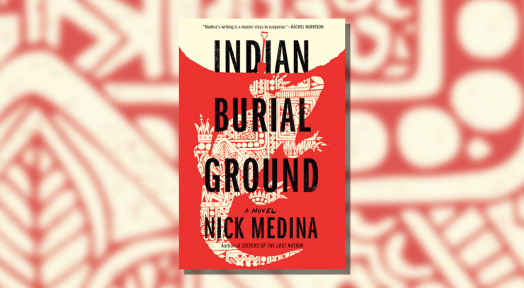 Cover of Indian Burial Ground, showing a white lizard with red patterns against a red background, and a red shovel against a white background.